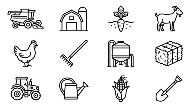 Farm icons: tractor, combine, chicken, goat, barn, corn, carrot, hay, shovel, rake, watering can