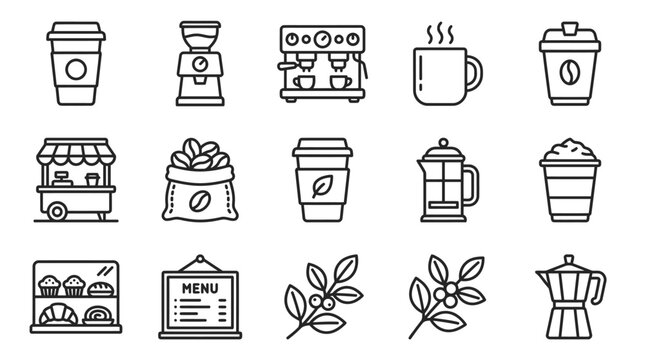 Coffee Shop Icons: Espresso Machine, Beans, Cup, Moka Pot, Bakery Display, Menu Board