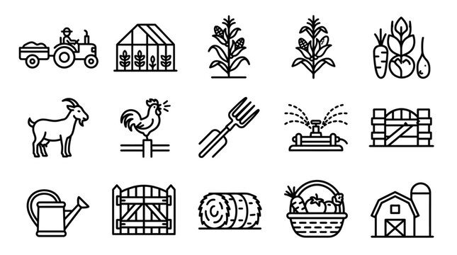 Farm Icons Set: Tractor, Greenhouse, Crops, Animals, Tools, Barn