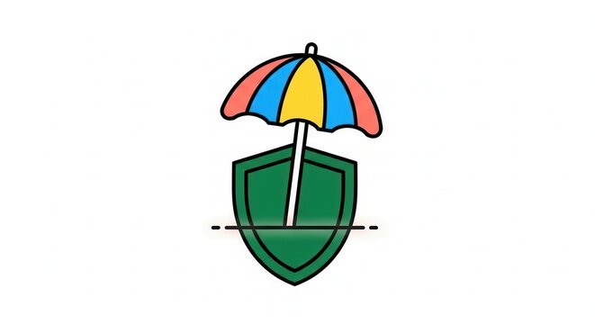 Colorful Umbrella Protecting Green Shield Icon - Safety and Security Concept