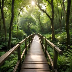 Fototapeta premium A wooden bridge winding through a lush, green forest. 
