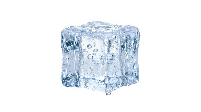 Melting Ice Cube &mdash; Frozen Clear Water Cube with Droplets, Cold Refreshing Ice, Isolated Cutout

