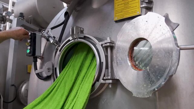 Automated industrial textile weaving machinery operating with colorful thread spools in modern factory