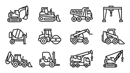 Construction Vehicle Icons: Excavator, Bulldozer, Dump Truck, Crane, Mixer, Forklift © kacuk
