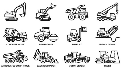 Construction Machinery Icons Set: Excavator, Dump Truck, Crane, Roller, Forklift, Paver © kacuk