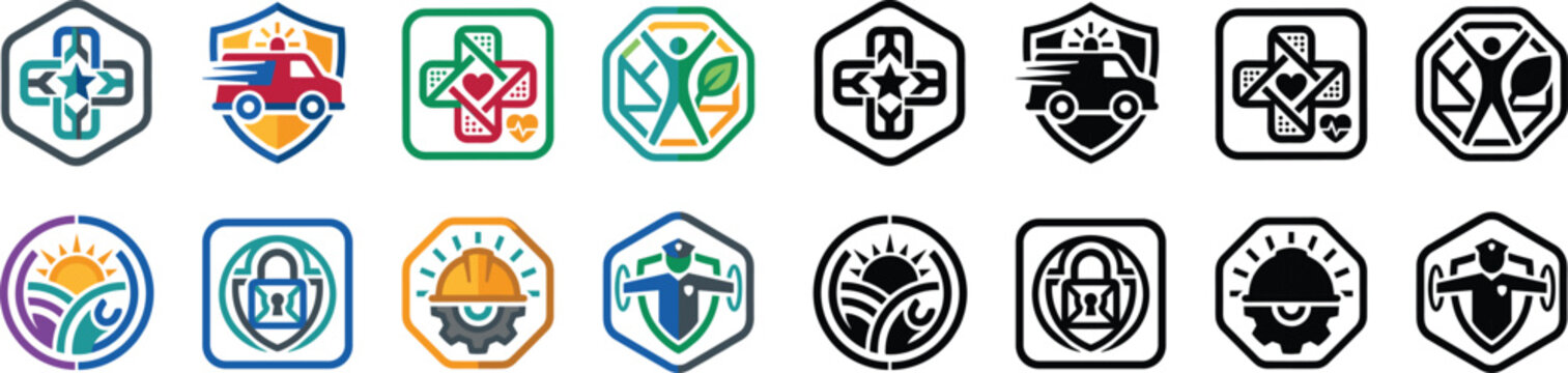 Vector icon collection with health, safety, environment, and security themes in colorful and monochrome design variations