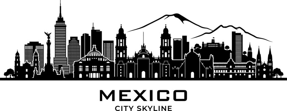 Minimalist black and white skyline illustration of mexico city featuring iconic landmarks and urban architectural silhouettes