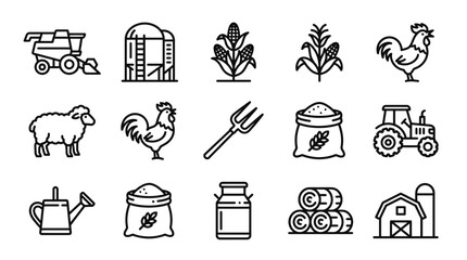 Farm Icons: Tractor, Rooster, Sheep, Corn, Barn, Silo, Hay Bales, Watering Can, Pitchfork © kacuk