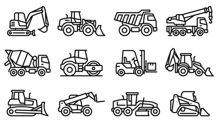 Construction Equipment Icons: Excavator, Bulldozer, Crane, Dump Truck, Loader, Forklift © kacuk