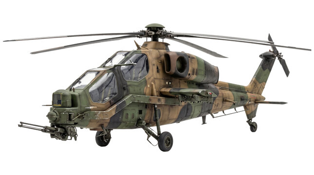 Military attack helicopter with camouflage pattern and weaponry system isolated on transparent background.