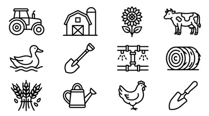 Farm Icons Set: Tractor, Barn, Cow, Chicken, Duck, Sunflower, Hay Bale, Wheat © kacuk