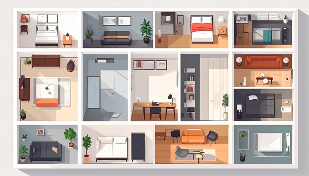 Modern minimalist office interior design layout with furniture and decor.