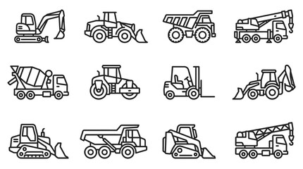 Construction Vehicles Icons Set: Excavator, Bulldozer, Crane, Loader, Dump Truck, Forklift © Jayagem