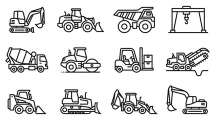 Construction Equipment Icons: Excavator, Bulldozer, Dump Truck, Crane, Cement Mixer © Jayagem