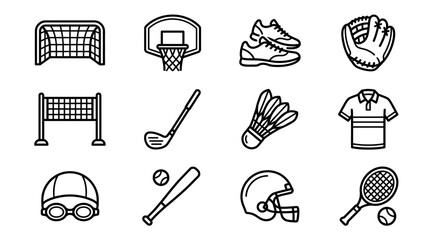 Diverse Sports Equipment Icons Set: Soccer, Basketball, Tennis, Golf, Baseball, Badminton, Swimming, Football © Jayagem
