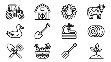 Farm Icons Set: Tractor, Barn, Cow, Sunflower, Duck, Tools, Crops, Hay Bale © Jayagem