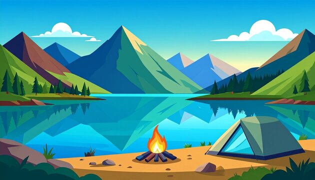 Majestic mountain landscape with serene lake and temples.