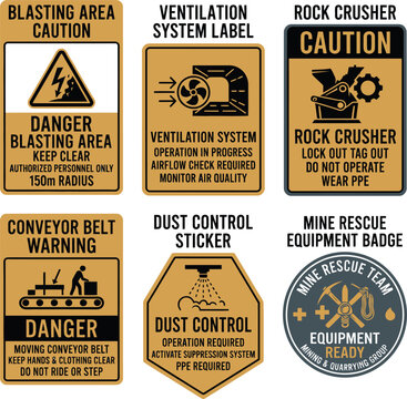 Industrial Safety Labels and Badges for Mining Operations Vector Illustration