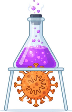 Laboratory flask with purple liquid heating virus microbe on stand with bubbles vector illustration