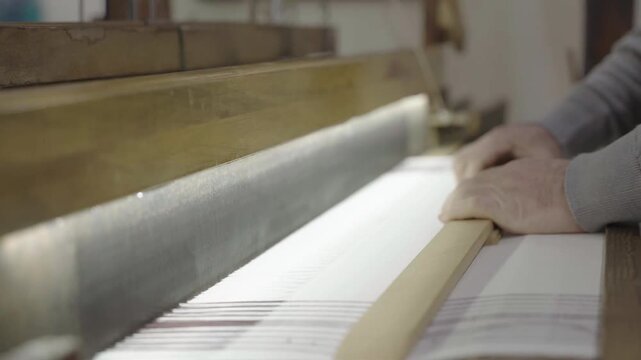 Vintage mechanical weaving loom producing traditional fabric in historic textile mill