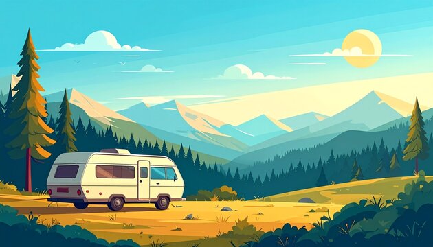 Scenic mountain road with vintage RV and dramatic sky.