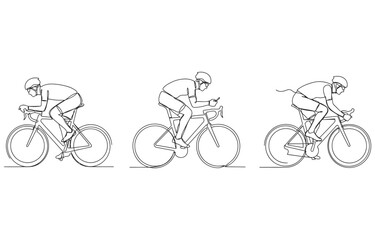 Obraz premium Athlete in a protective helmet rides a bicycle and mountain, road bike set one line art.