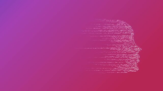 Digital code symbols morph into a glowing human profile side view in a futuristic motion loop for artificial intelligence and cybersecurity intros