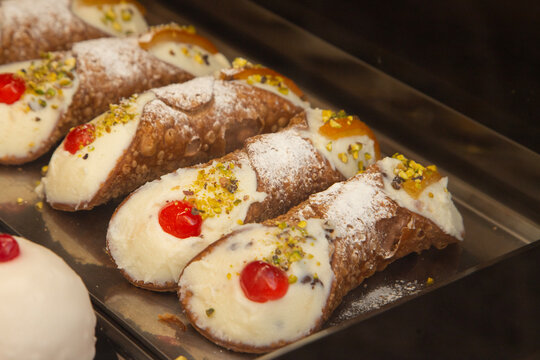 Sicilian Cannoli. Assortment of traditional Sicilian pastries with marzipan and candied fruit.