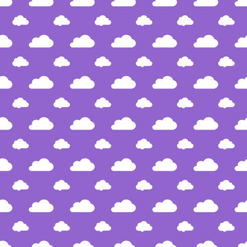 Minimal seamless cloud pattern with fluffy white clouds floating across a soft purple background. Ideal for nursery decor, baby products, wallpaper, and dreamy textile designs.