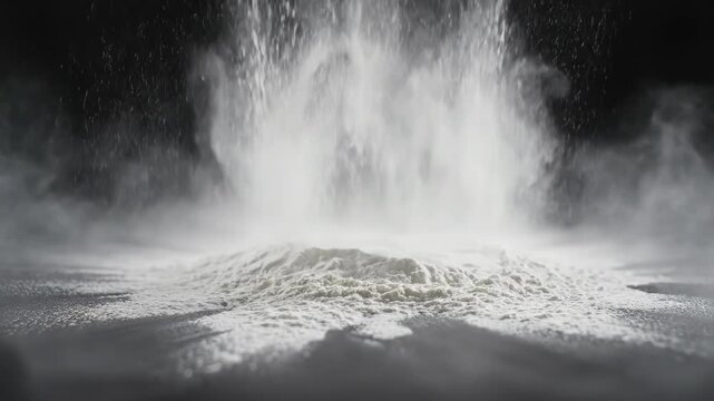 White Powder Falling and Exploding on Dark Surface Creating Dynamic Dust Cloud.