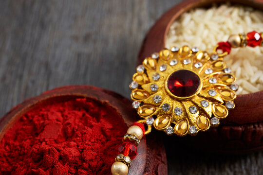 Rakhi with kumkum and rice for raksha bandhan