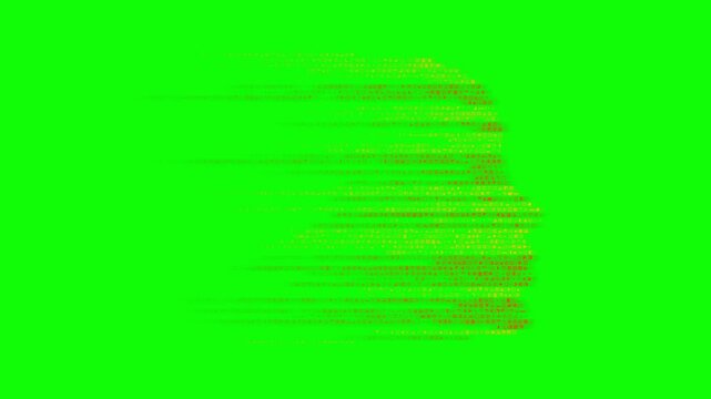 Glitchy red code symbols form a human face profile over a vibrant green screen backdrop in a 3D animation loop for compositing VFX