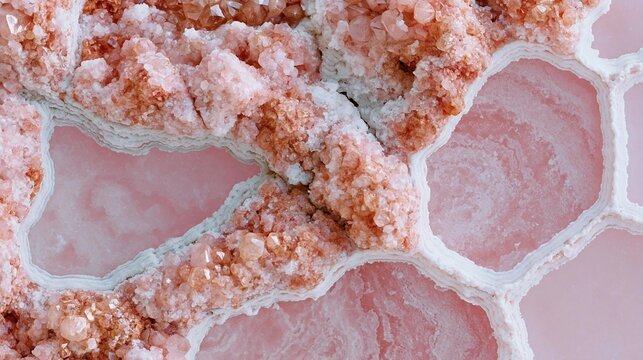 Close-up of a hexagonal structure made up of small, pink crystals. the crystals are arranged in a way that they form a honeycomb-like pattern, with each hexagon having a different size and shape.