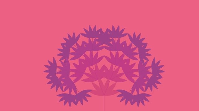 Symmetrical purple palm leaves expand into a floral mandala burst over a vibrant pink background in a stylish organic 3D loop