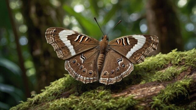 An extraordinary macro shot of a tropical brown butterfly resting on a pale tree trunk