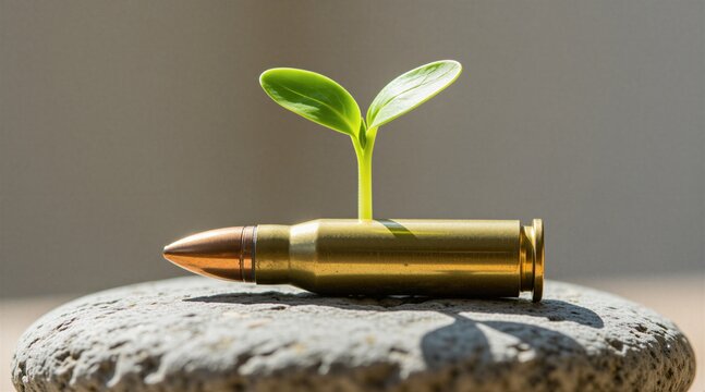 Small green sprout grows from brass bullet casing on grey stone surface. Tiny plant stem with two leaves emerges out of metal ammunition shell. Symbol of peace, life rebirth over war weapons. Concept
