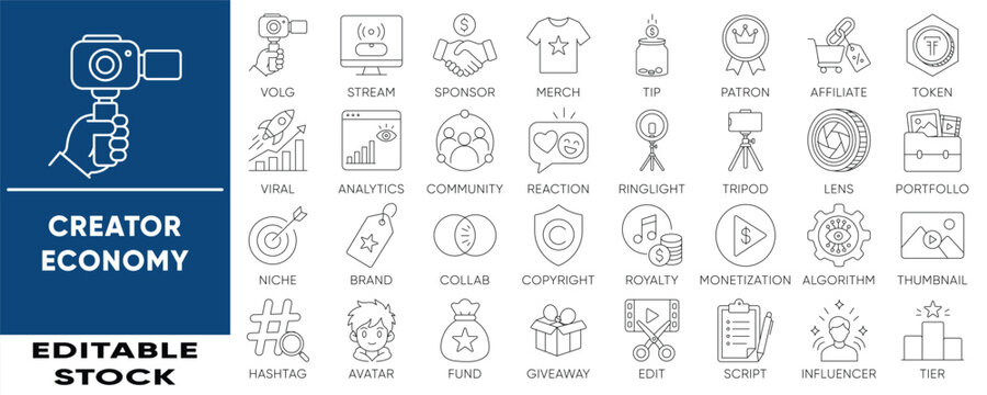 Creator Economy, Vlogging, and Social Media Minimalist Line Icon Set - Influencer and Monetization Outline Symbols (Editable Stroke Vector)