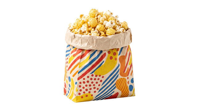 Paper bag full of gourmet popcorn with colorful pattern design isolated on transparent background graphic.