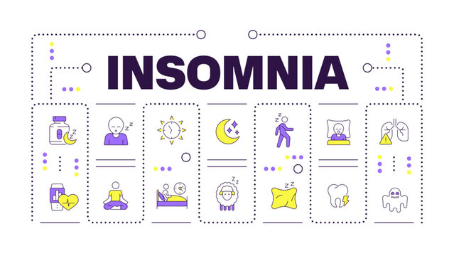 Insomnia word concept isolated on white. Modern sleep hygiene wellness. Nighttime restlessness triggers. Chronic insomnia. Creative illustration banner surrounded by editable line colorful icons