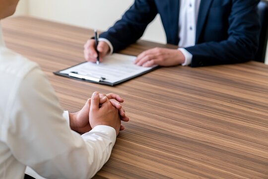 ビジネスシーンで書類記入するビジネスパーソン真剣な面接や契約商談