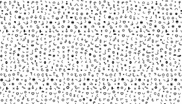 Abstract seamless background with black hand drawn doodle symbols on white backdrop creating complex geometric pattern for design.