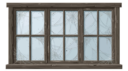 Fototapeta premium Old broken window with cracked glass and cobwebs, weathered wooden frame in abandoned house, spooky vintage window vector illustration
