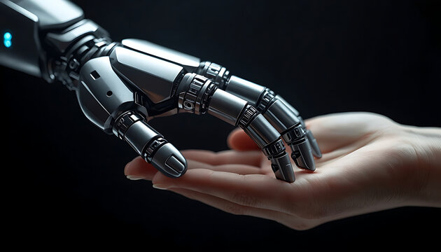 Robot Hand Reaching Toward Human Hand on Black Background &ndash; Artificial Intelligence and Technology Concept