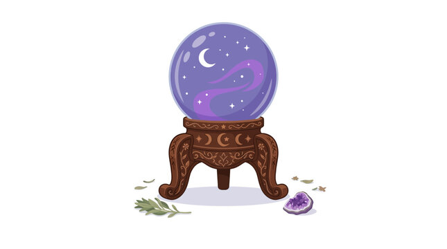 Mystical crystal ball on ornate wooden stand, magical purple glass sphere with moon and stars, occult fortune telling vector illustration