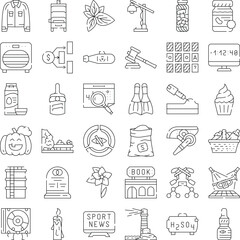 Fototapeta premium Collection of line art icons illustrating various concepts, objects, and activities for web, application, and ui design, emphasizing a minimal and versatile style