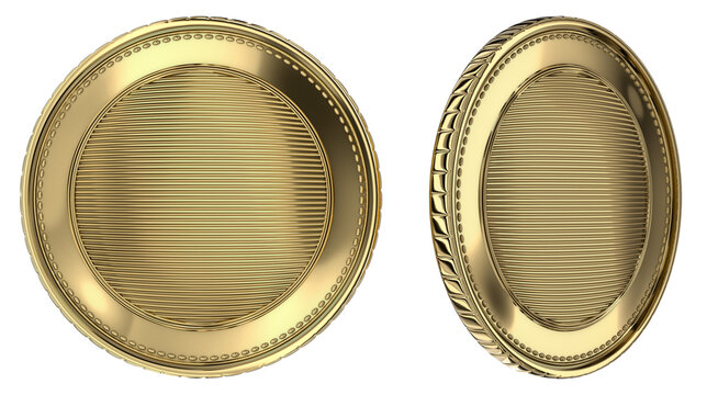 Blank gold coins with ribbed central part and concentric circles. Gold coins mockup in two angles: front and side view. 3d illustration transparent background