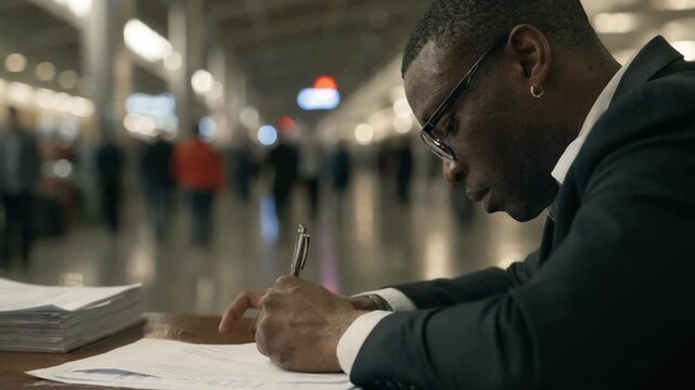 Closeup on a professional reviewing contract documents at a busy transportation hub emphasizing refinancing of project loans with better longterm terms.