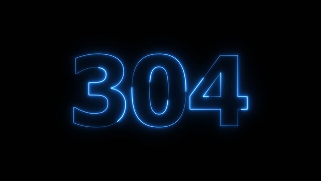 Glowing Blue Neon Number 304 on Black Background.
