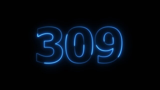 Glowing Blue Neon Number 309 on Black Background.