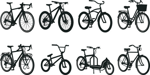 Obraz premium Black bicycle silhouettes featuring road, mountain, cruiser, city, touring, BMX, cargo, and classic bike designs